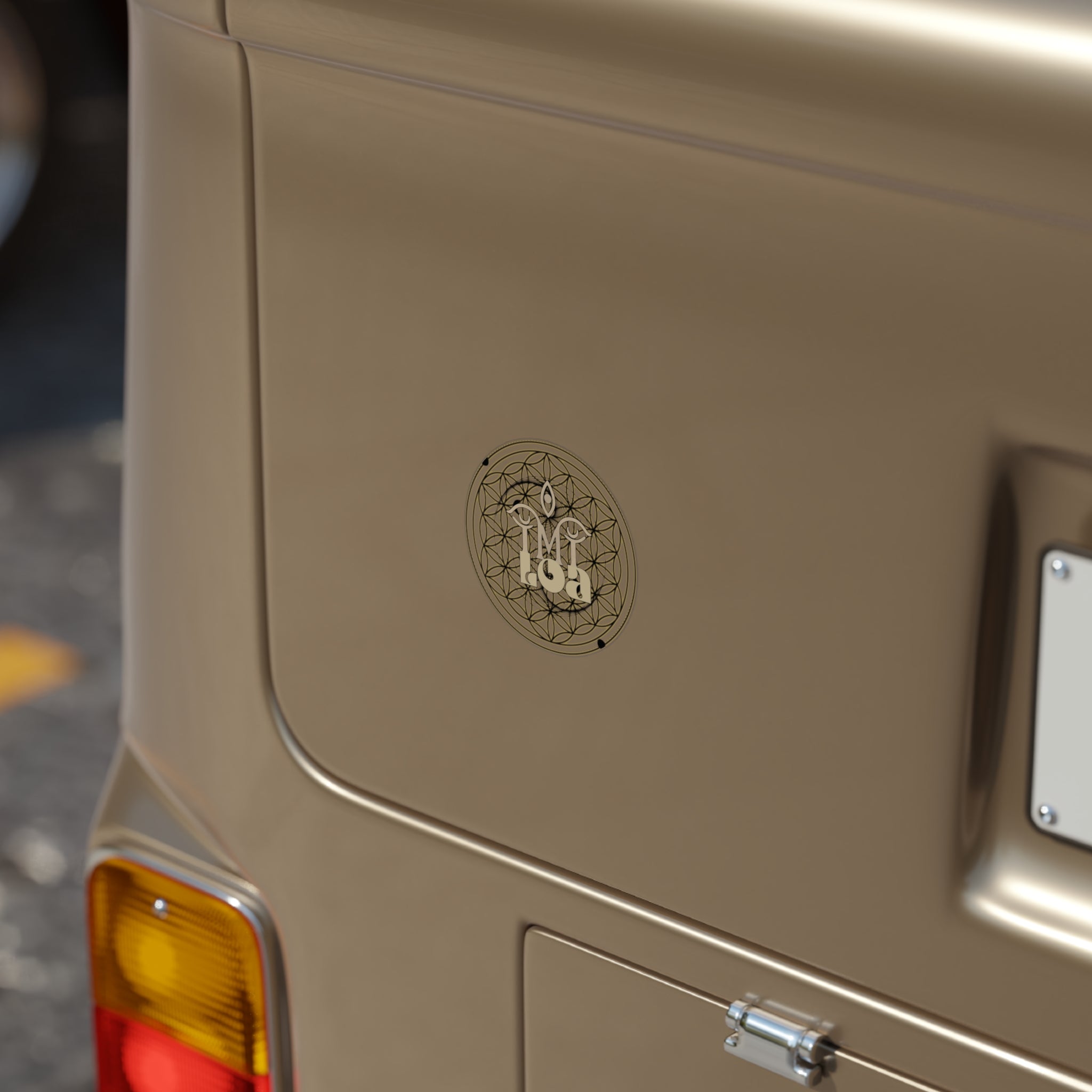 Transparent Outdoor Sticker — Geometric Flower of Life with 'IMILOA' Monogram